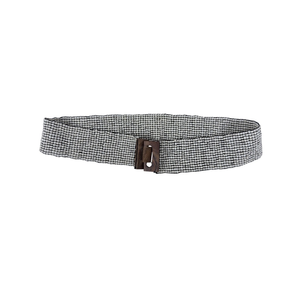 White Beaded Elastic Cinch Belt Womens OS Wood Closure